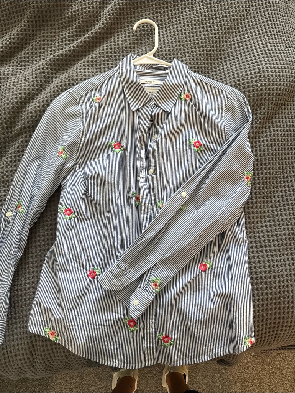 Striped Embroidered Floral Button-Down Shirt